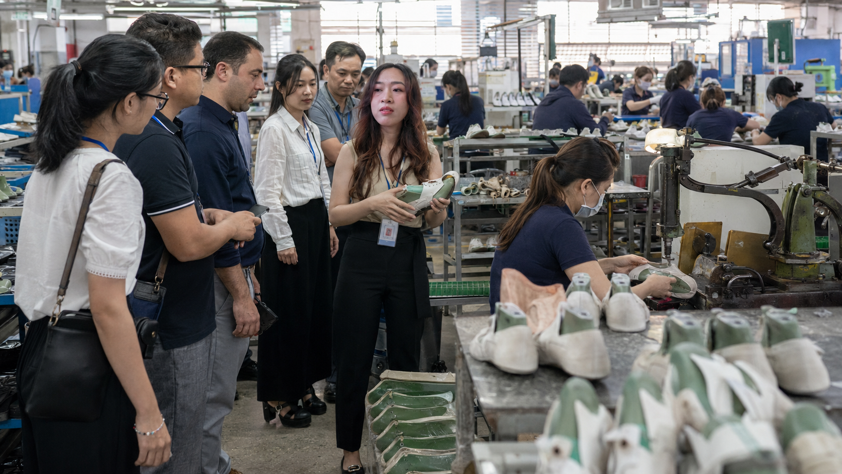 Đoàn khách tham quan dây chuyền ép giày