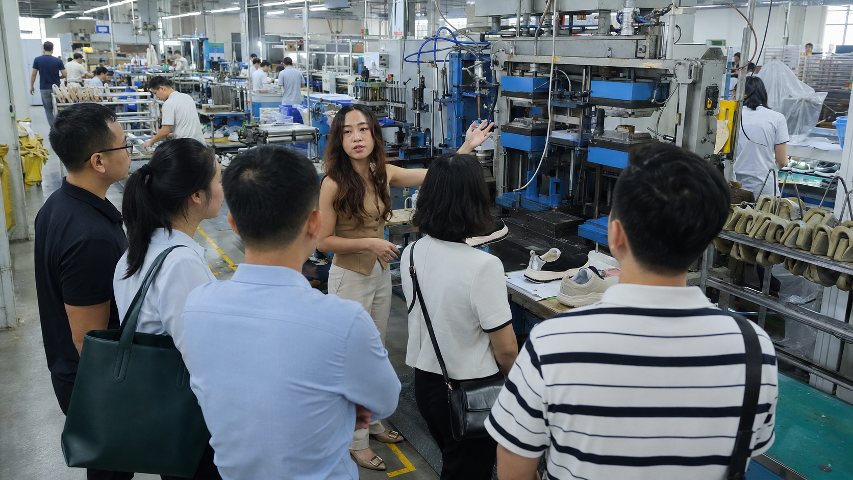 Xưởng gia công giày dép theo yêu cầu minh họa hoạt động trao đổi và sản xuất