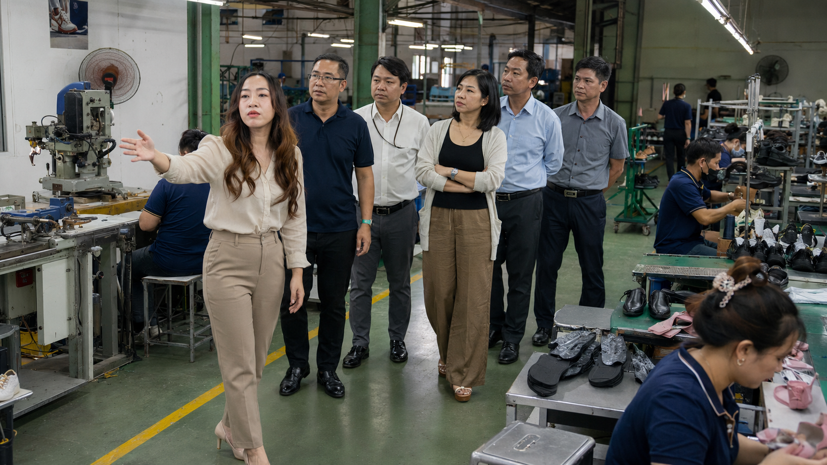 Hướng dẫn khách tham quan khu vực may giày