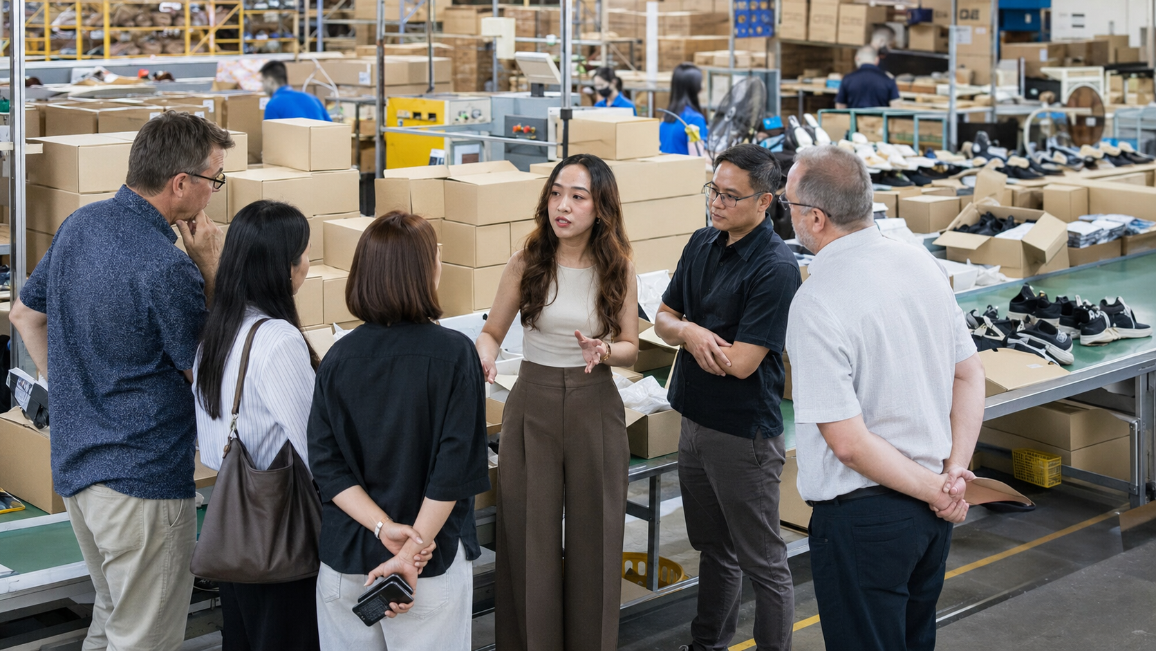 Kiểm tra mẫu giày hoàn thiện tại xưởng sản xuất